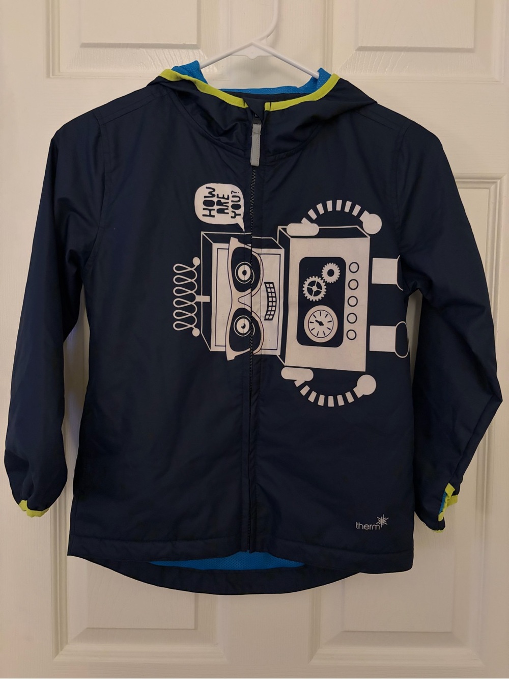 Kids' Navy Robot Hooded Raincoat with Lime Trim